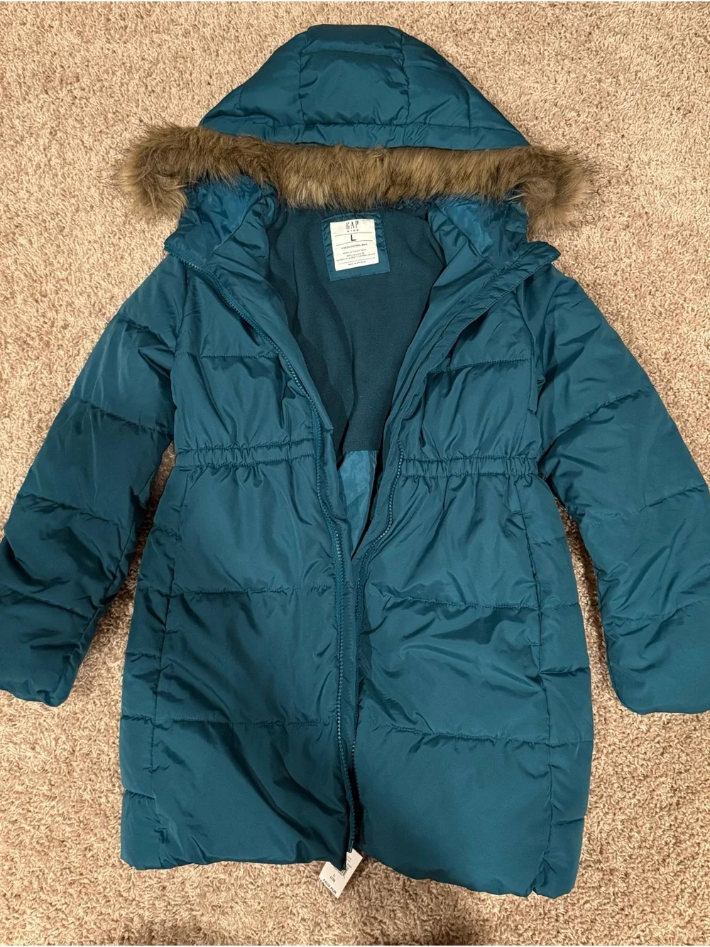 GAP Teal Hooded Puffer Jacket with Faux Fur Trim